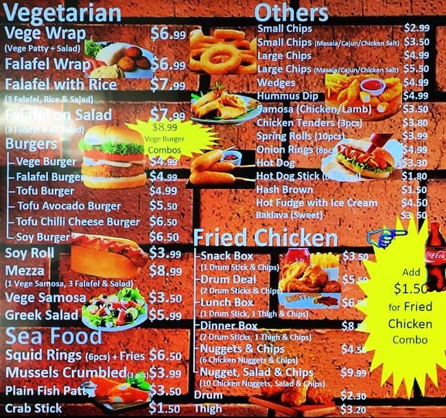 Menu at Just Eat restaurant, Auckland