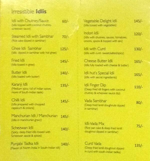 Idli Hut menu