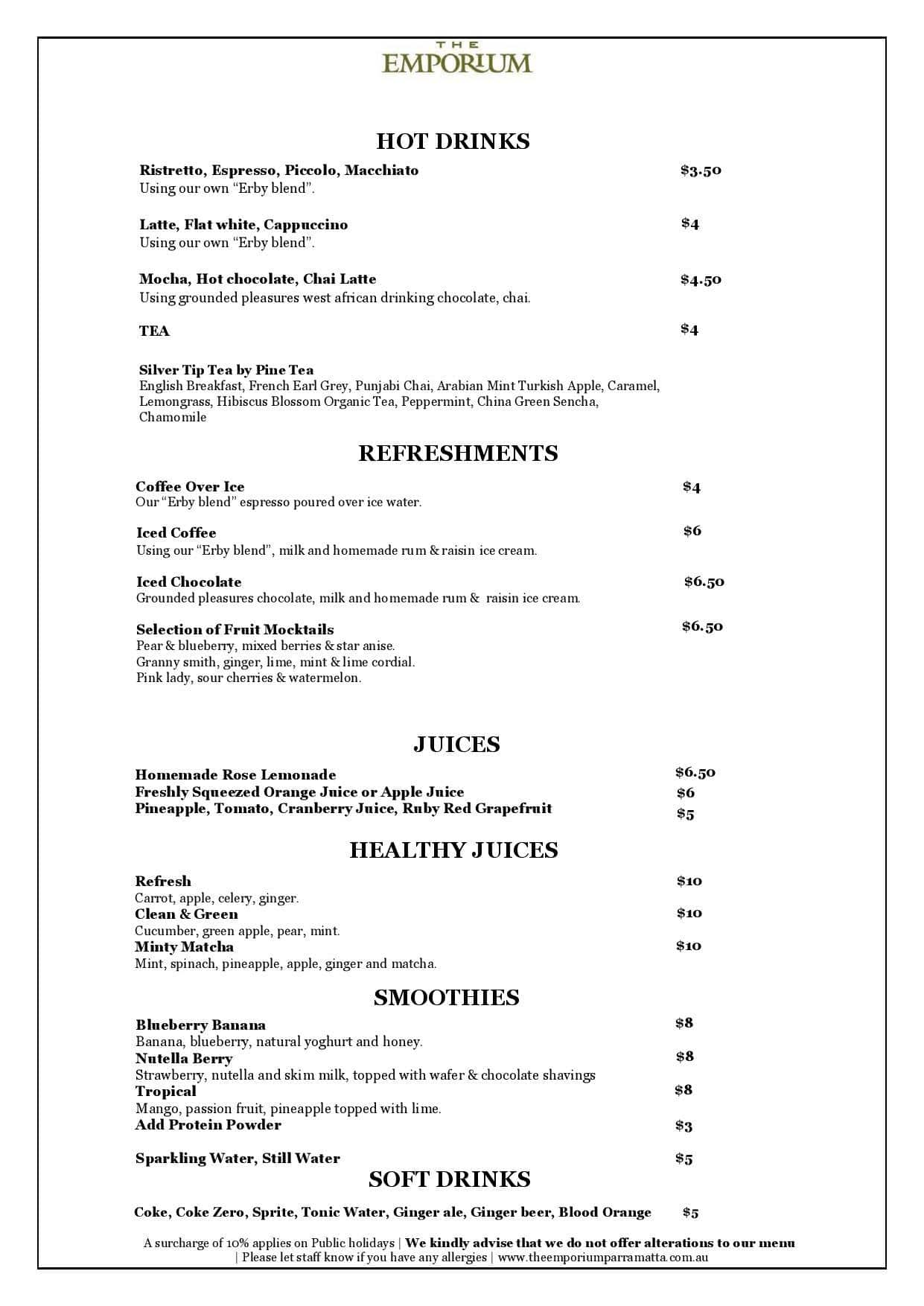 The Emporium Menu, Menu for The Emporium, Parramatta, Sydney