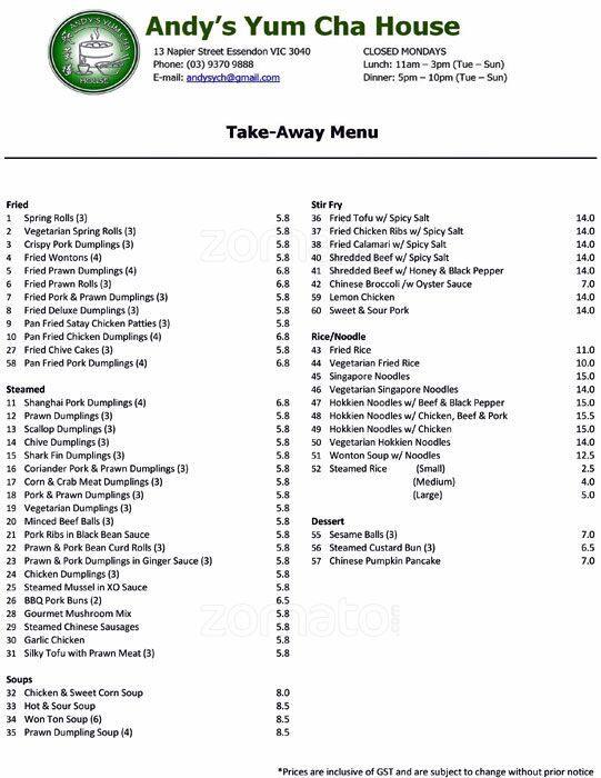 Andy's Yum Cha House Menu Urbanspoon/Zomato