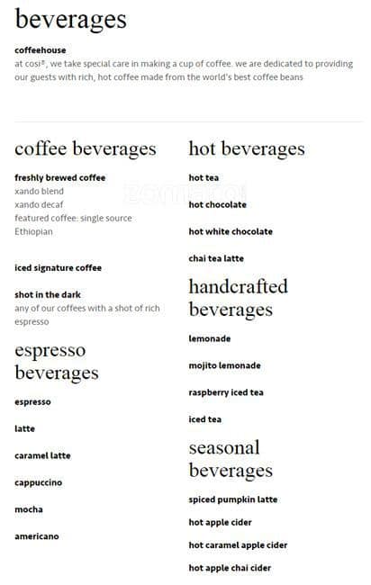 Menu at Cosi cafe, Jersey City, 535 Washington Blvd