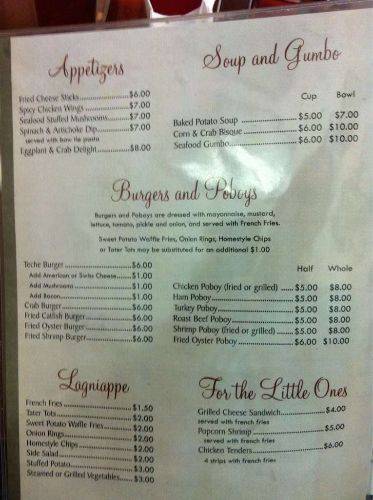 Teche Cafe Menu, Menu for Teche Cafe, Loreauville, Lafayette