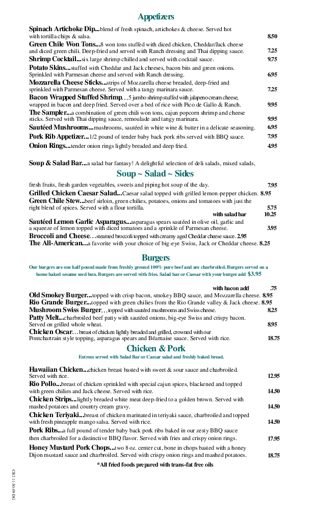 Menu at Cattle Baron, Hobbs