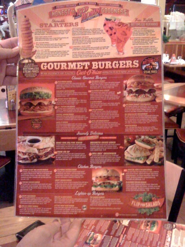 Menu at Red Robin Gourmet Burgers and Brews restaurant, Kennewick
