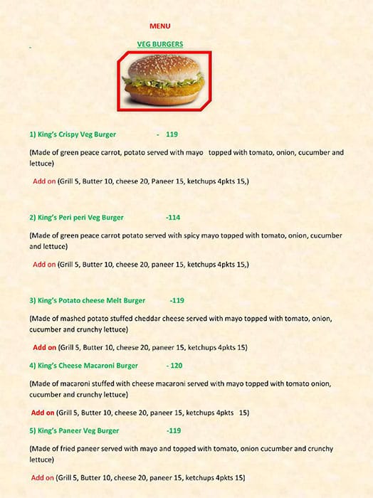 Menu of Hanu King's Burger, Kukatpally, Hyderabad