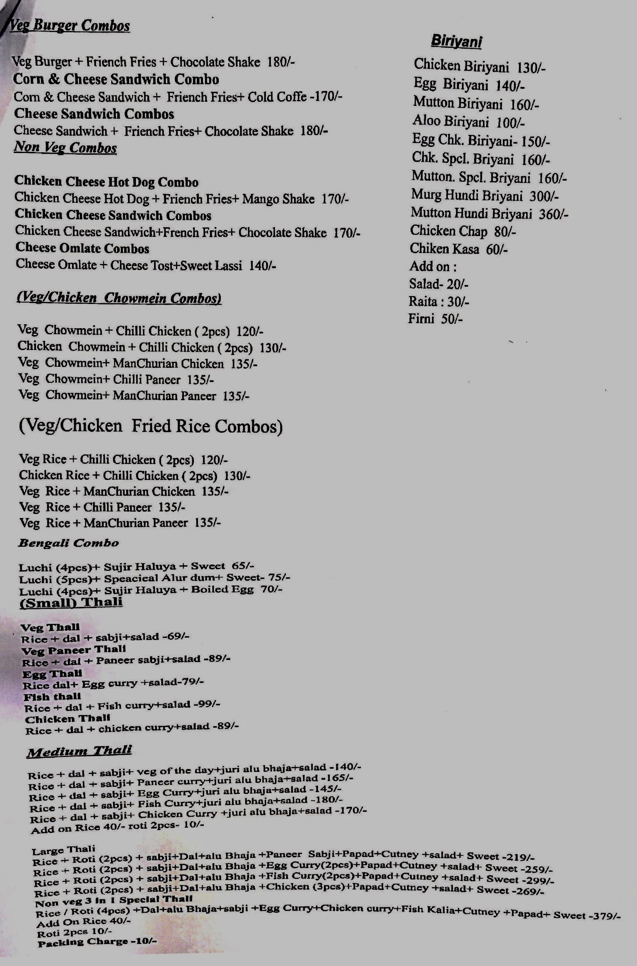 Menu at Lunch Box, Kolkata, 80A