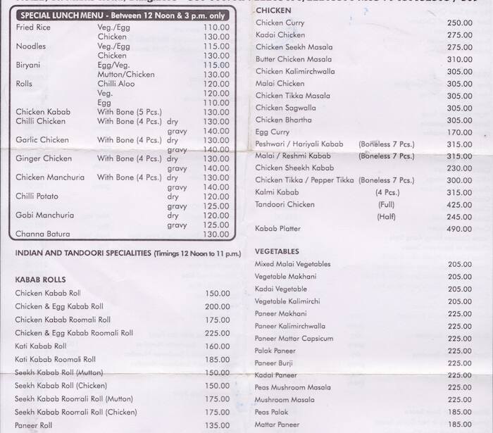 Kabab Korner Menu, Menu v reštaurácii Kabab Korner, St. Marks Road