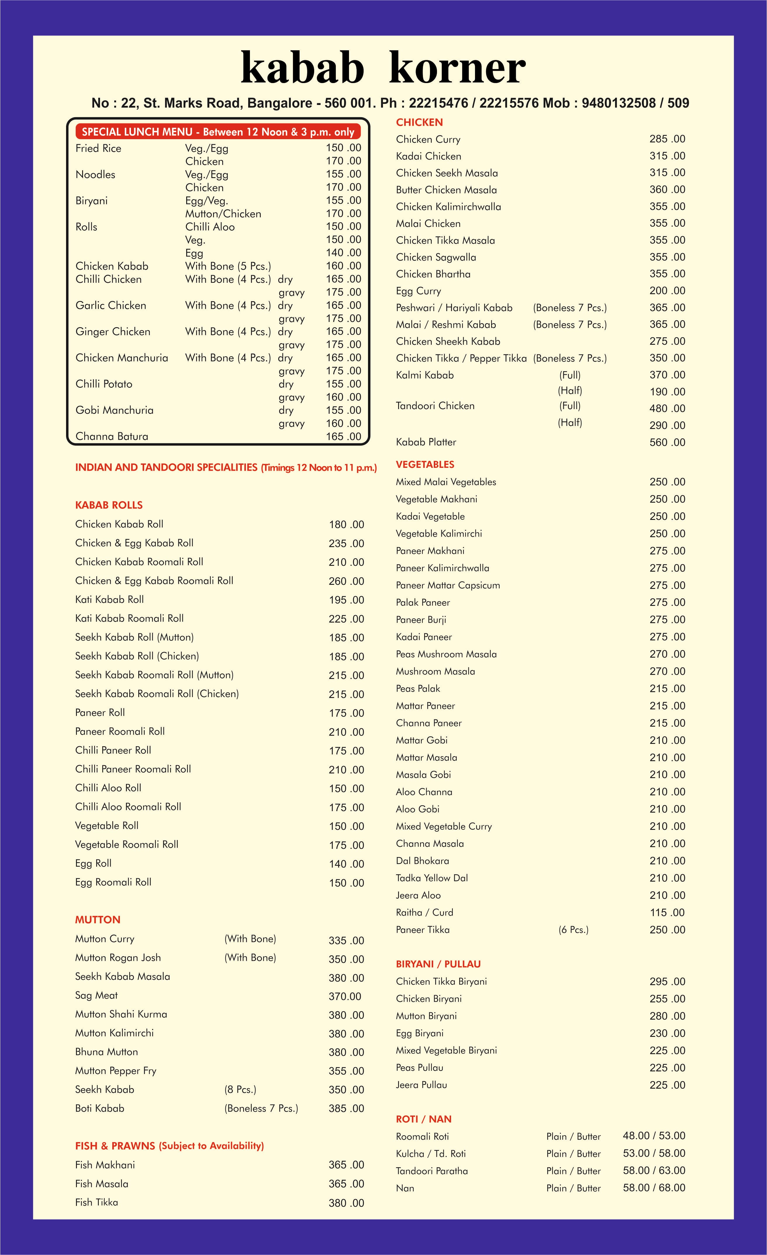 Kabab Korner menu