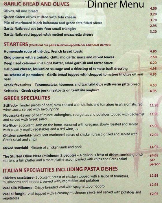 Menu at The Stuffed Olive restaurant, Sidcup