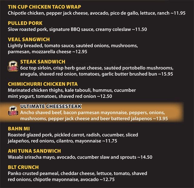 Menu at Tin Cup Sports Grill pub & bar, Burlington