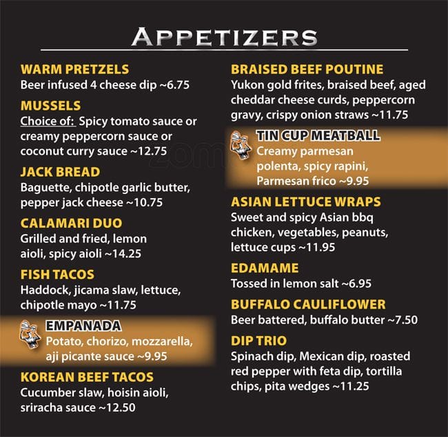 Tin Cup Sports Grill Menu, Menu for Tin Cup Sports Grill, Burlington, Toronto Urbanspoon/Zomato