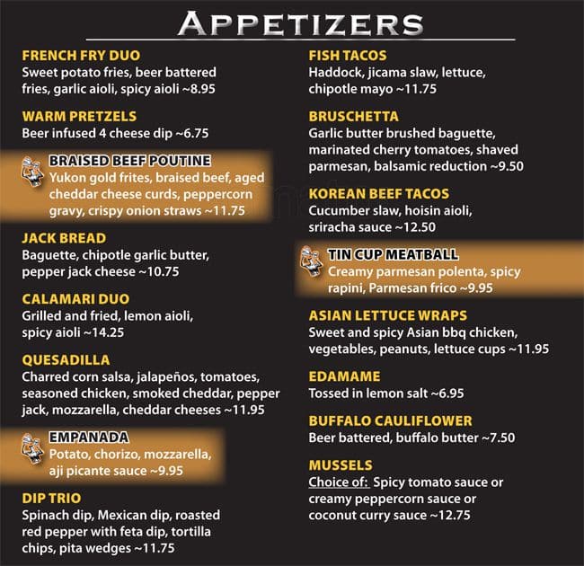 Menu at Tin Cup Sports Grill pub & bar, Burlington