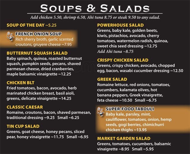 Menu at Tin Cup Sports Grill pub & bar, Burlington