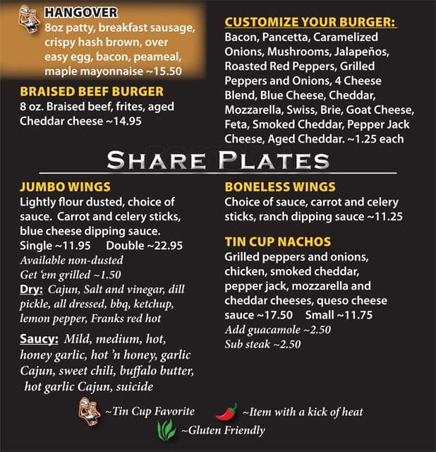 Menu at Tin Cup Sports Grill pub & bar, Burlington