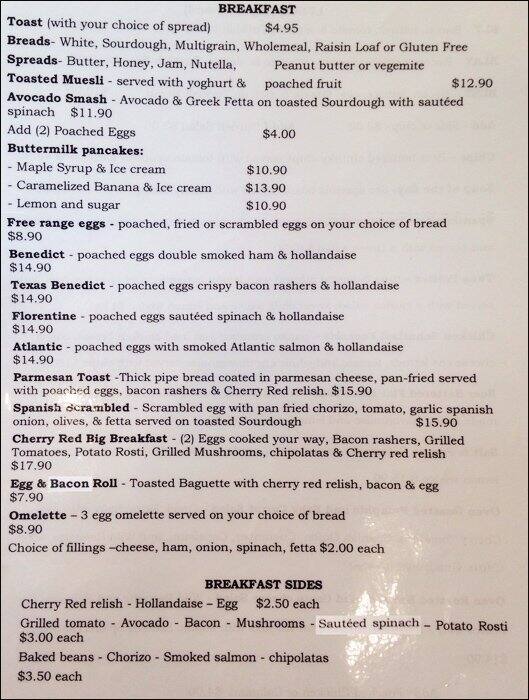 Menu at Cherry Red Cafe, Montmorency