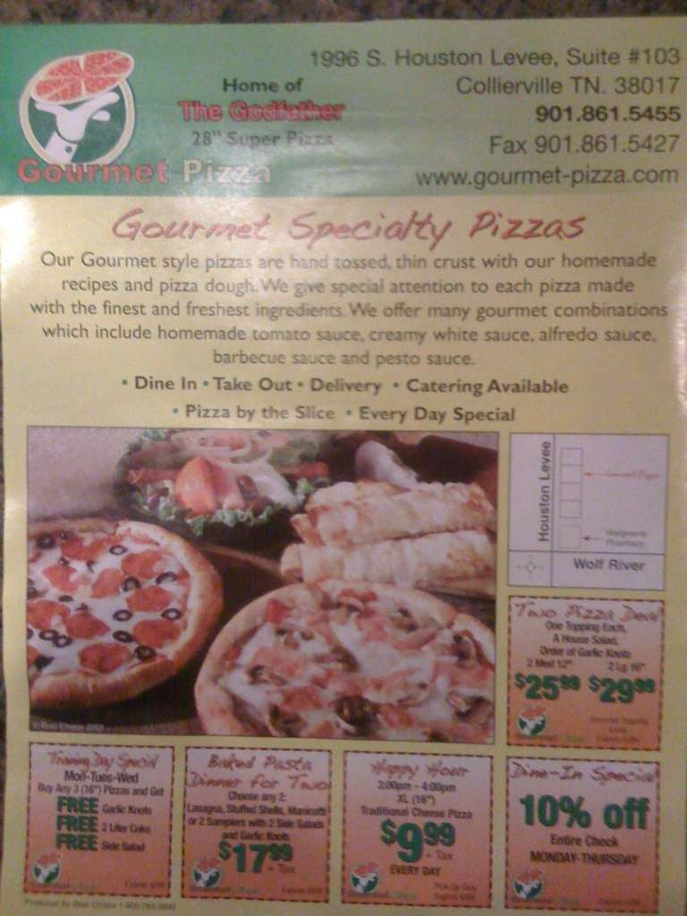 Gourmet Pizza menu, Menu restauracji Gourmet Pizza, Collierville