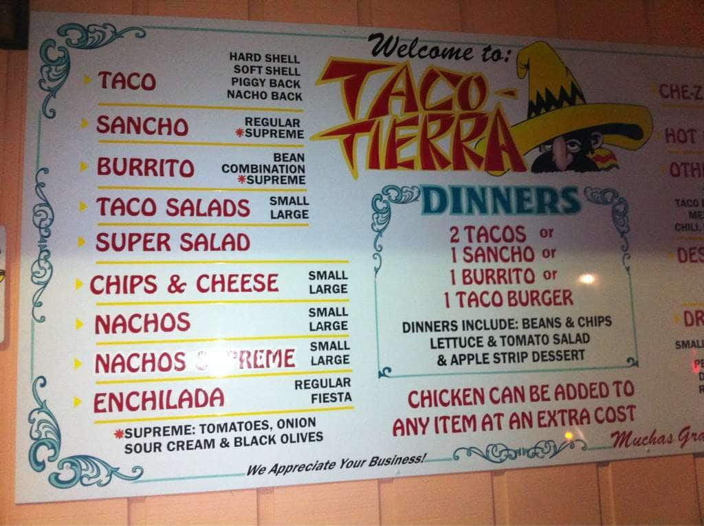 Menu at Taco Tierra restaurant, Princeton
