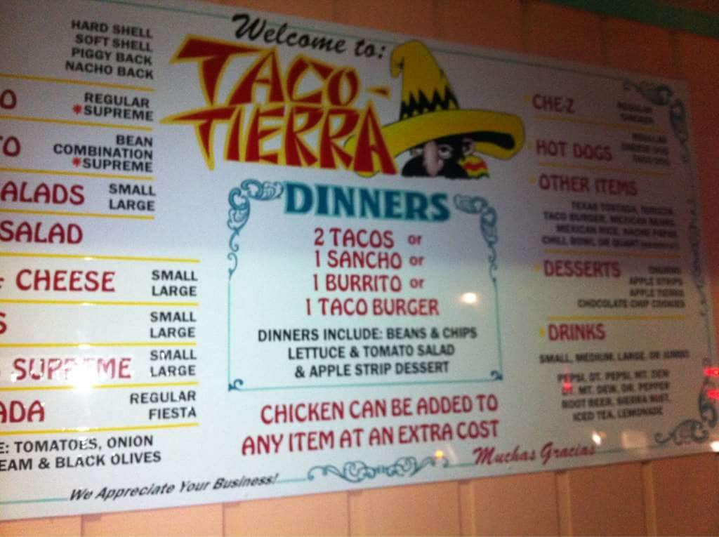 Menu at Taco Tierra restaurant, Princeton