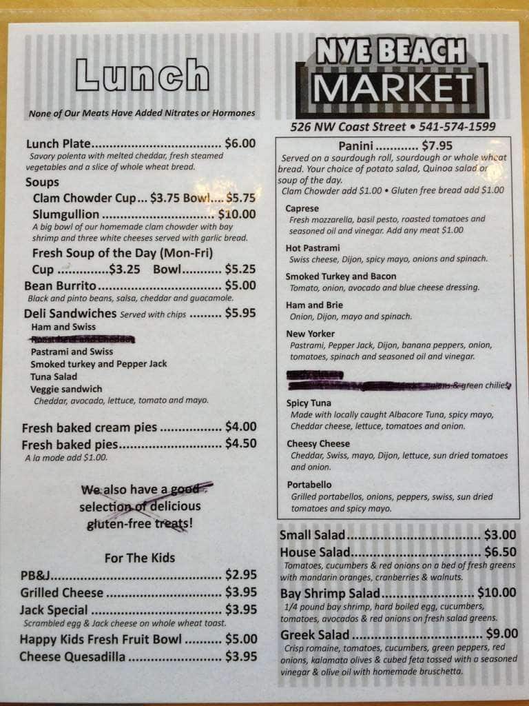 Menu at Nye Beach Cafe, Newport, 526 NW Coast St
