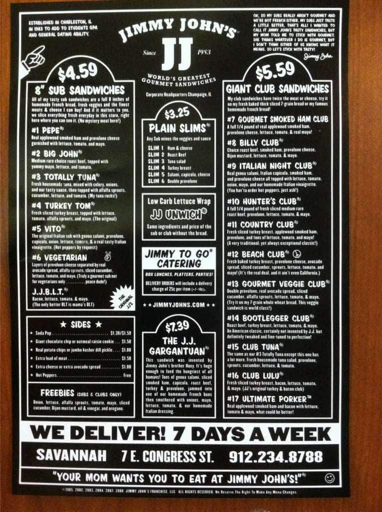 Jimmy John&rsquo;s Menu in Savannah