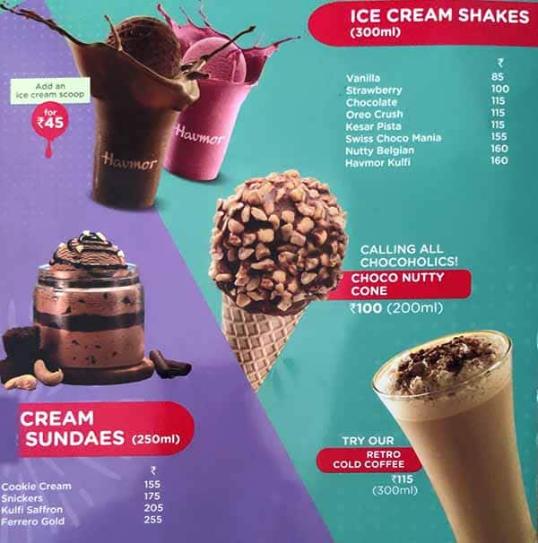 Menu at Havmor Ice Cream, Bengaluru