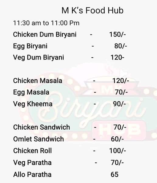 Menu of M.K 's Biryani, Karve Nagar, Pune