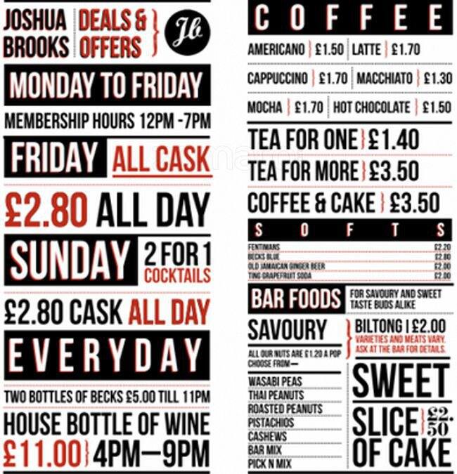 Joshua Brooks Menu, Menu for Joshua Brooks, Oxford Road, Manchester