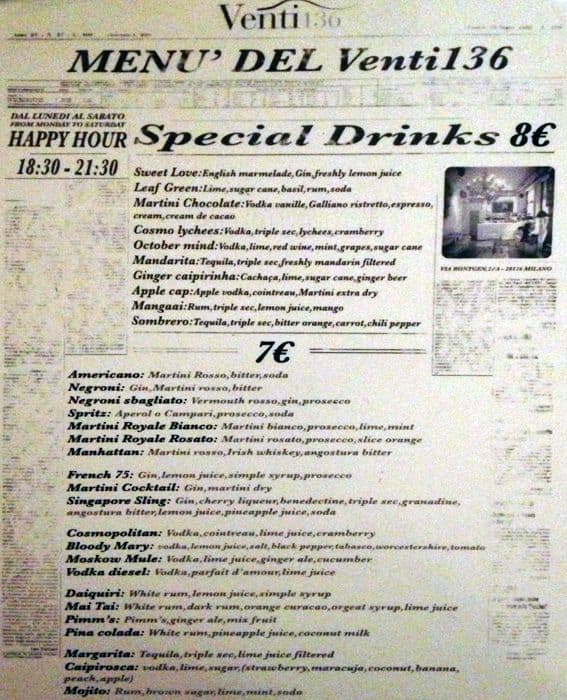 Menu di Venti136 Milano 