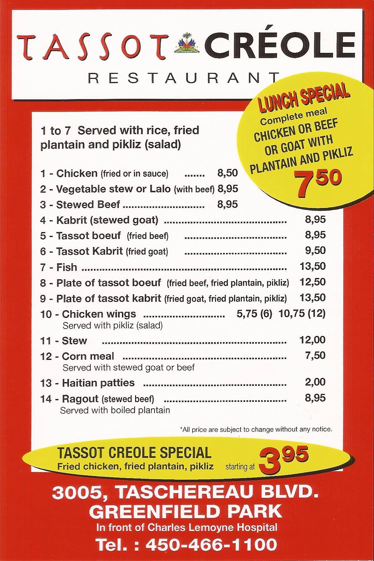 Tassot Creole Menu, Menu for Tassot Creole, Longueuil, Montreal