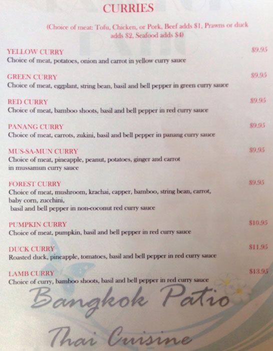 Menu at Bangkok Patio Restaurant, San Mateo