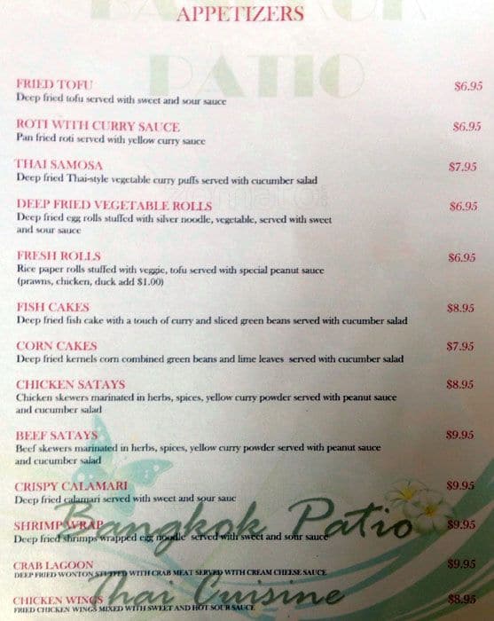Menu at Bangkok Patio Restaurant, San Mateo