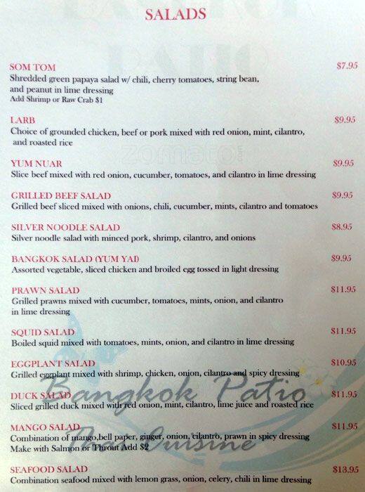 Menu at Bangkok Patio Restaurant, San Mateo