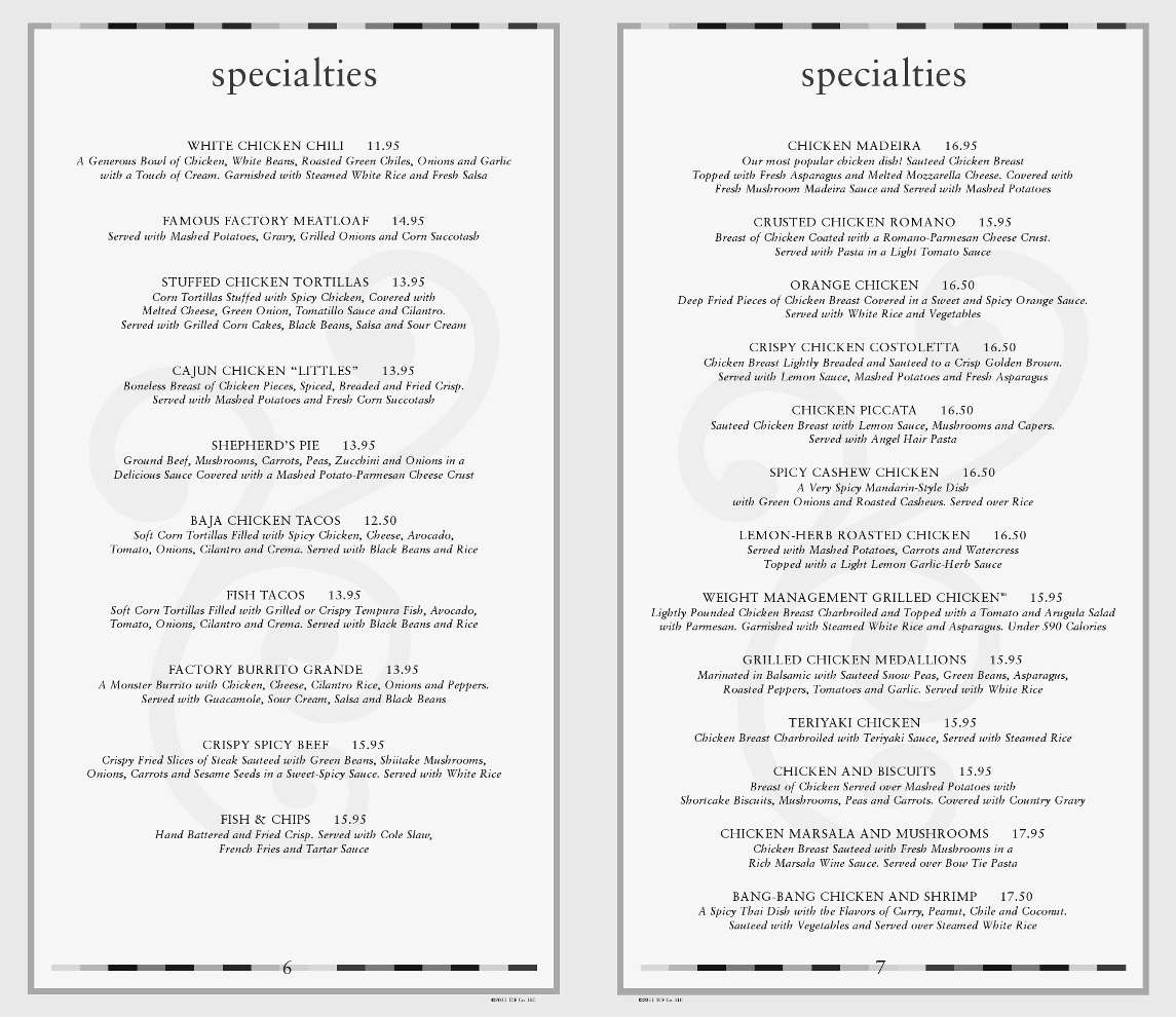 Menu at The Cheesecake Factory restaurant, Kendall, Dadeland Mall Cir W