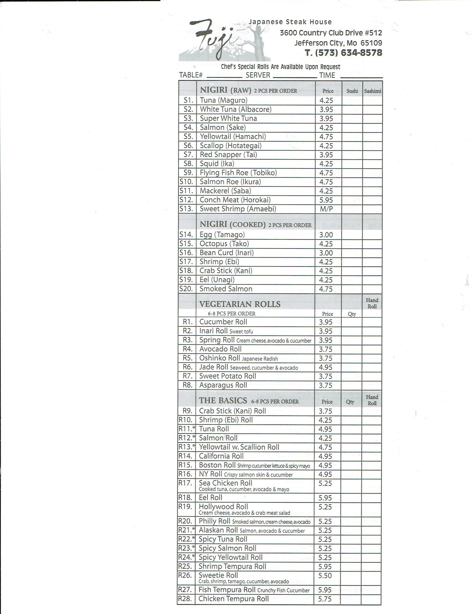 Menu at Fuji Japanese Steak House restaurant, Jefferson City