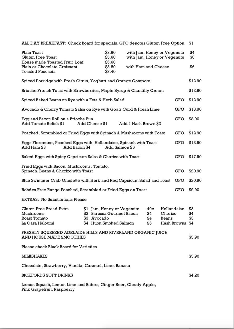 Menu at Royston Park Cafe., Royston Park, 59A Battams Rd