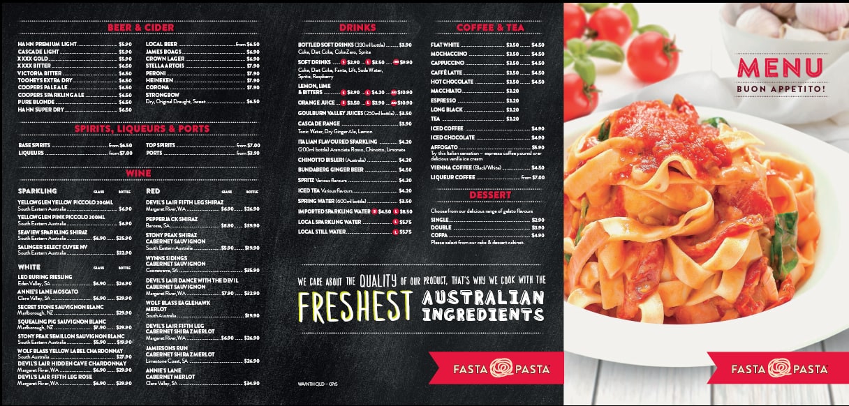 Menu at Fasta Pasta restaurant, Belmont