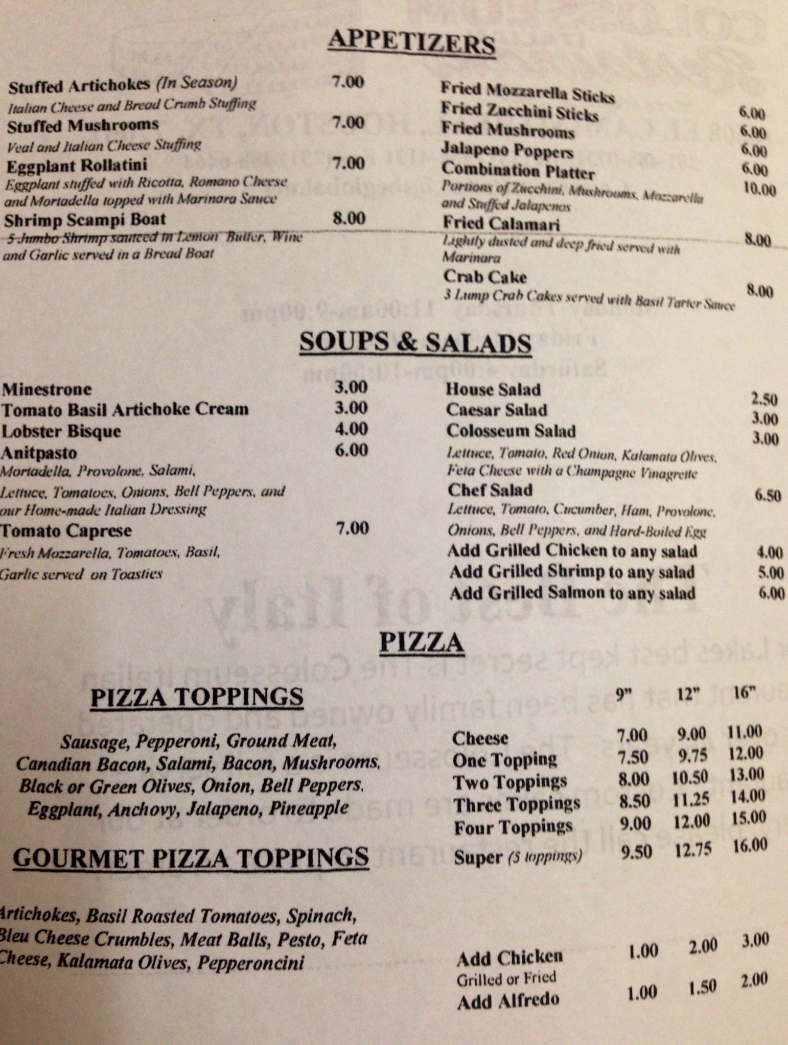 Colosseum Italian Menu, Menu for Colosseum Italian, NASA/Clear Lake ...