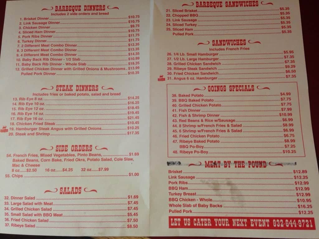 Menu at Going's Barbeque, Crosby, FM 2100