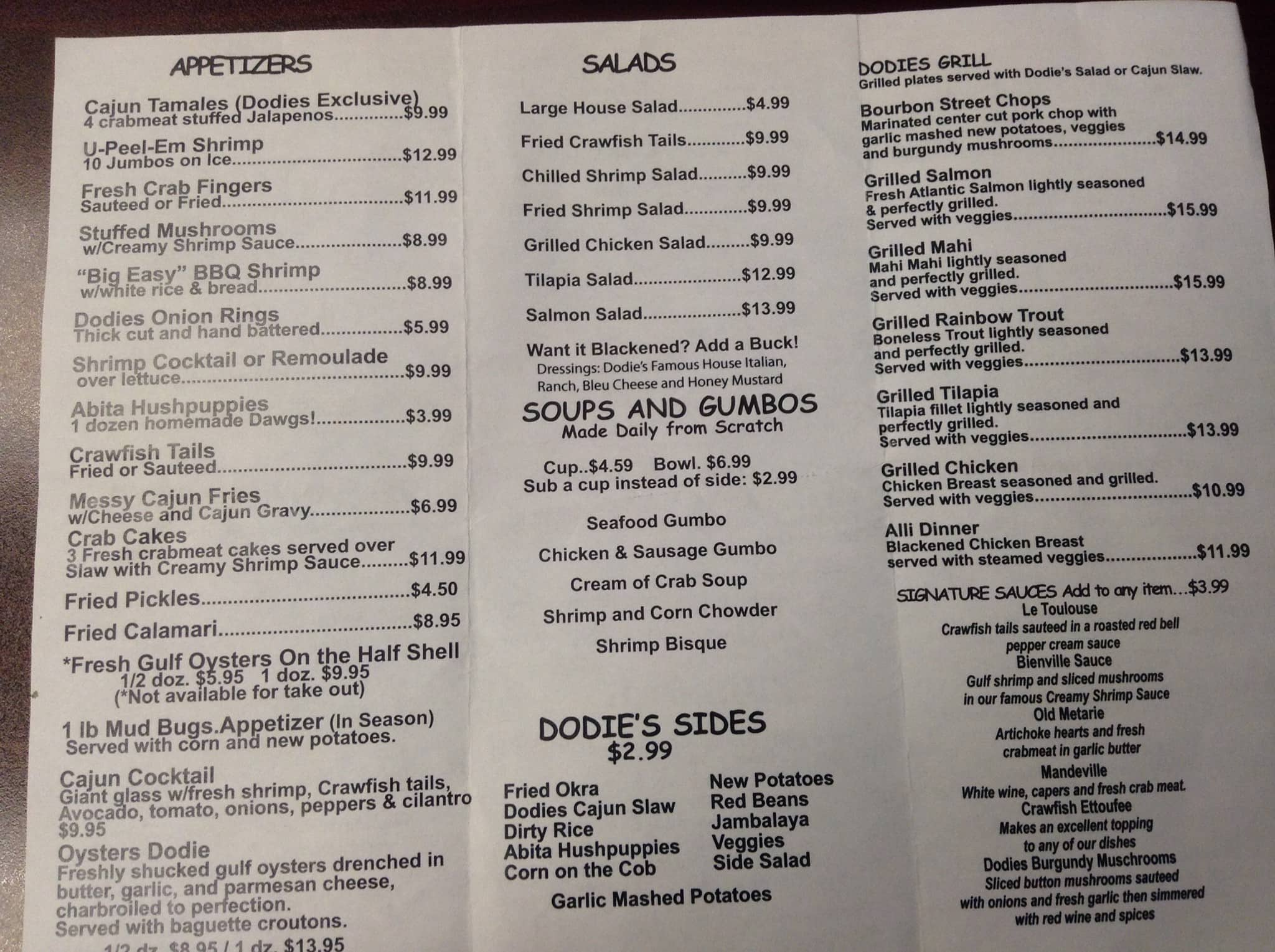 Dodie's Cajun Restaurant Menu - Urbanspoon/Zomato