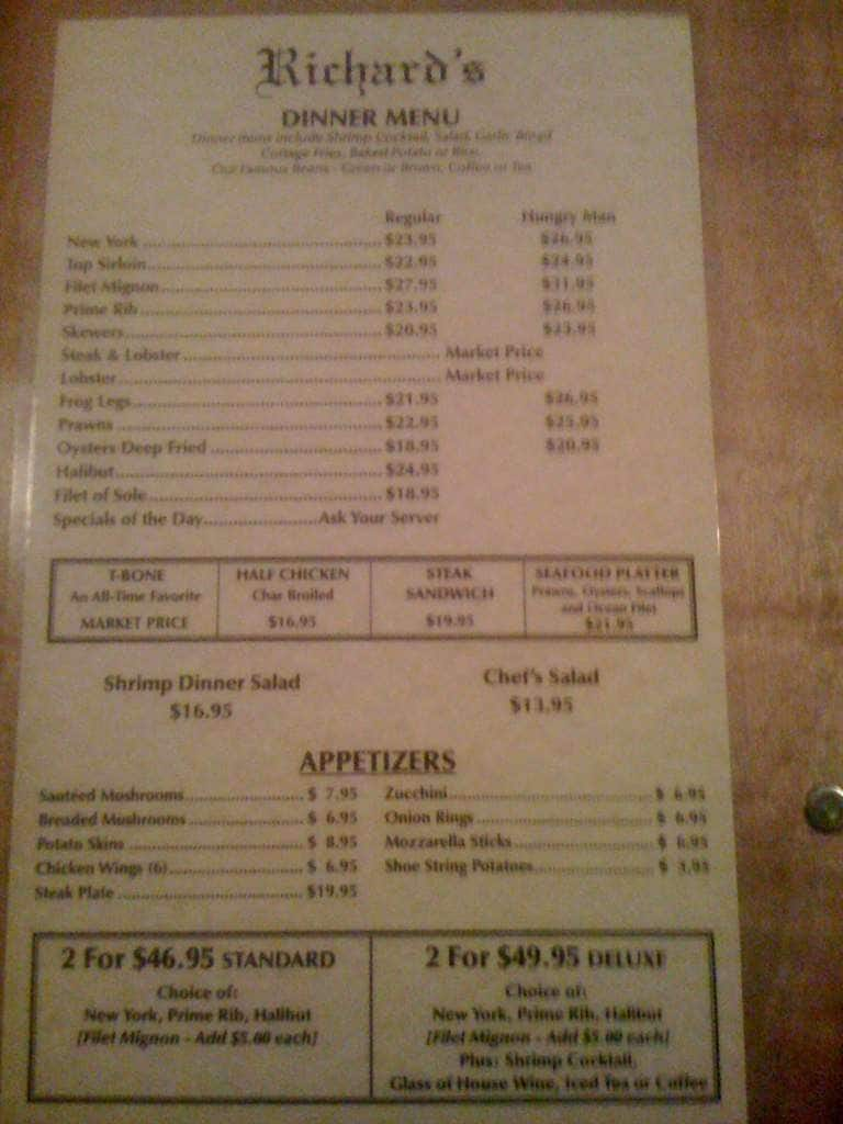 Menu at Richard’s Prime Rib & Seafood pub & bar, Fresno