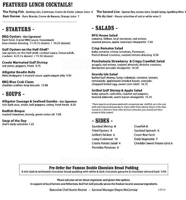 Red Fish Grill Menu, Menu for Red Fish Grill, French
