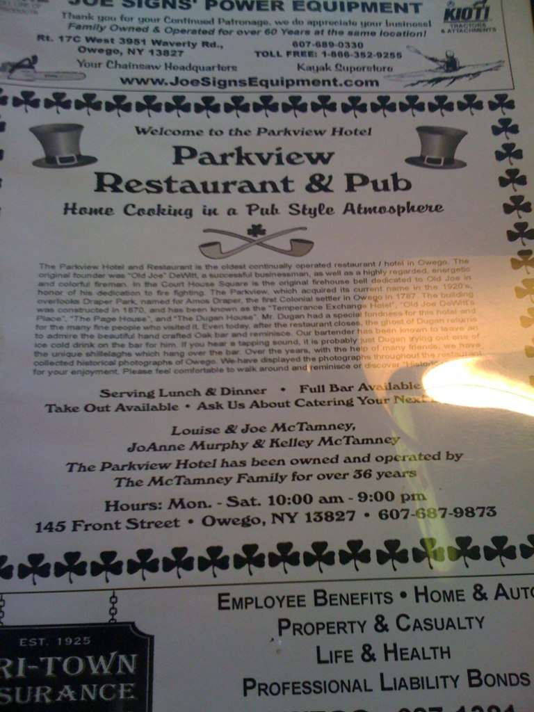 Parkview Restaurant menu, Menu restauracji Parkview Restaurant, Owego