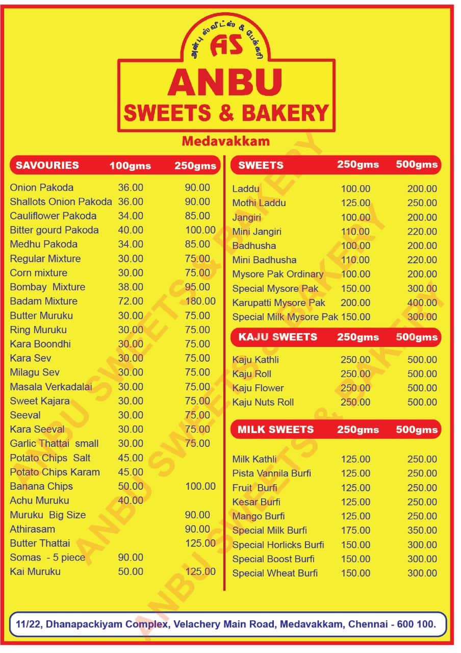 Menu of Anbu Sweets And Bakery, Medavakkam, Chennai