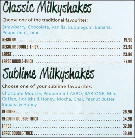 Menu at Milky Lane restaurant, Sandton, Short Street