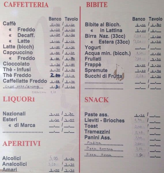 Menu di Bar Due Pini 