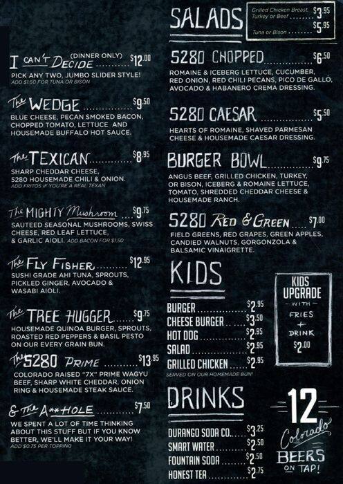 5280 Burger Bar Downtown Denver Pavilions Menu