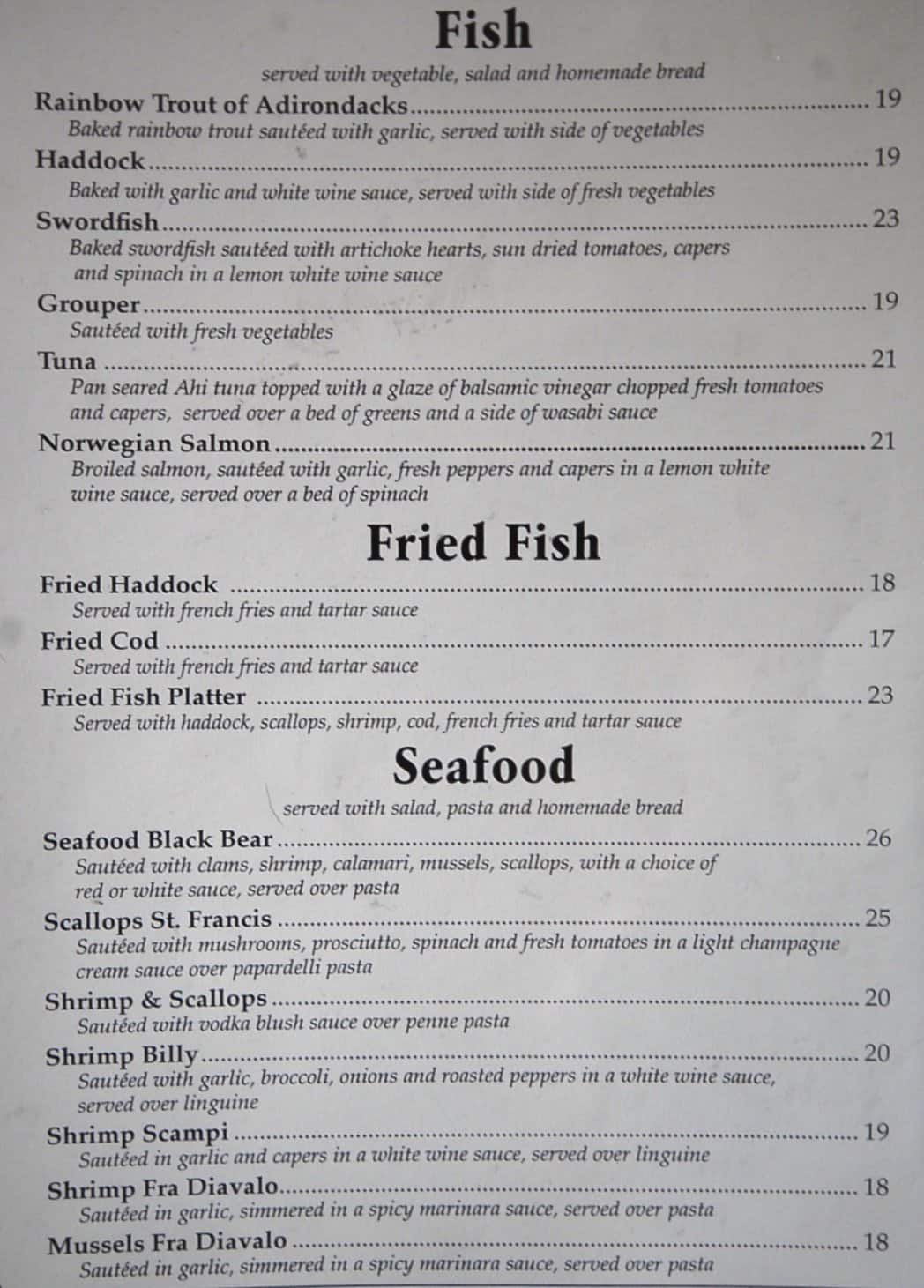 Menu at Black Bear Restaurant, Lake Placid