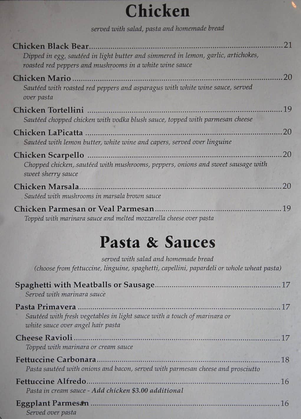 Menu at Black Bear Restaurant, Lake Placid