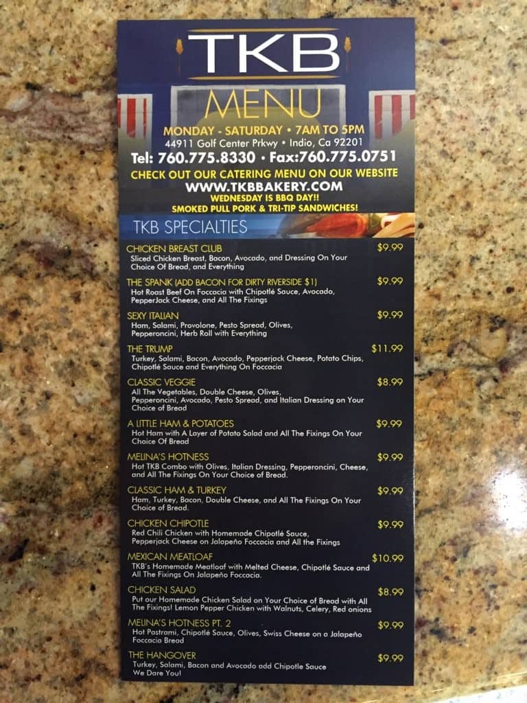 Menu at TKB Bakery & Deli, Indio