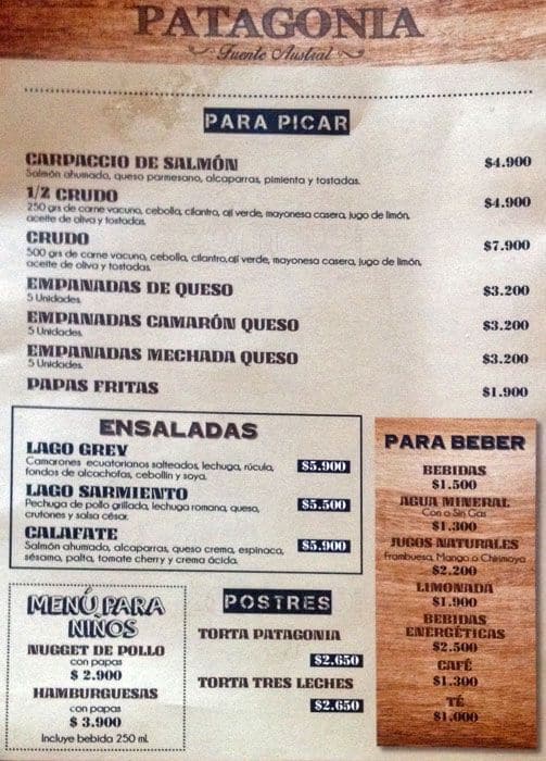 Patagonia Fuente Austral Menu,Menú para Patagonia